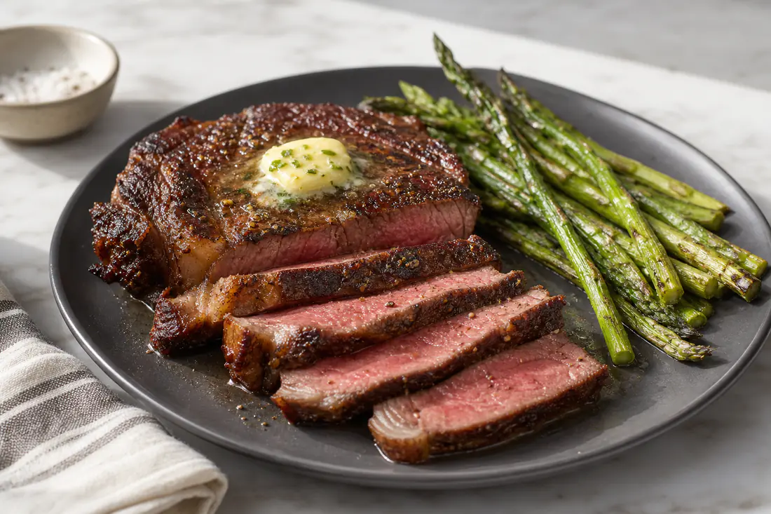 Sliced medium-rare strip steak with a browned crust and melting garlic butter on a dark plate