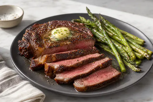 Sliced medium-rare strip steak with a browned crust and melting garlic butter on a dark plate