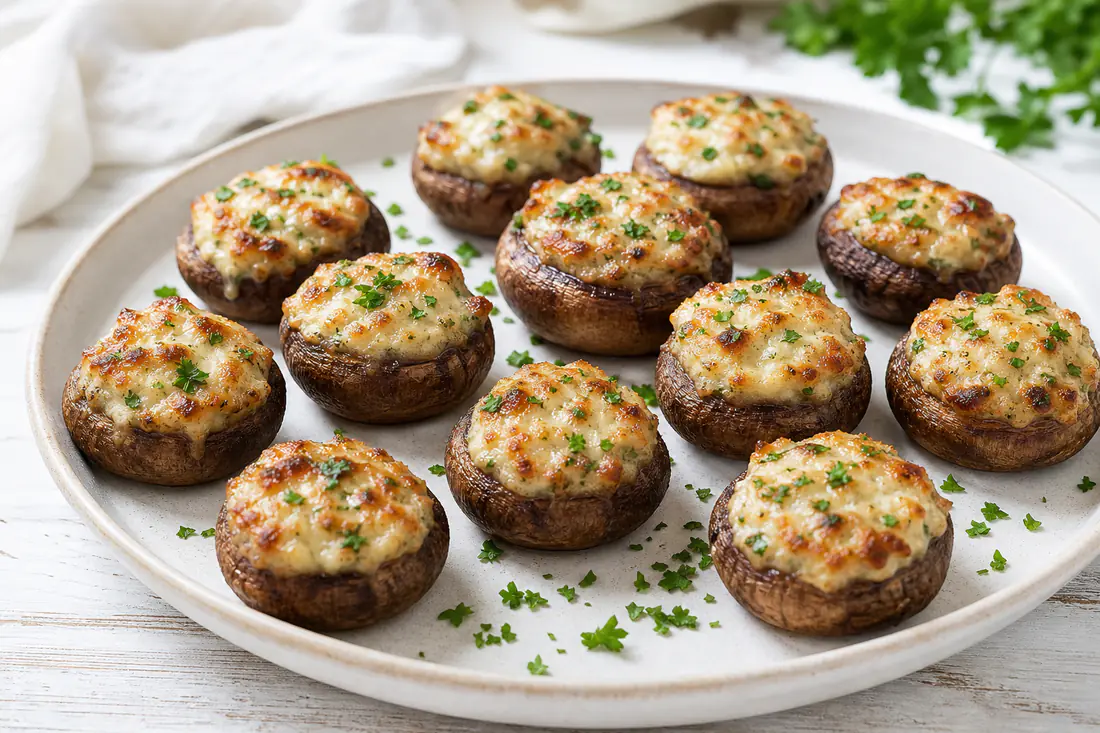 Golden cream cheese stuffed mushrooms sprinkled with parsley on a serving plate