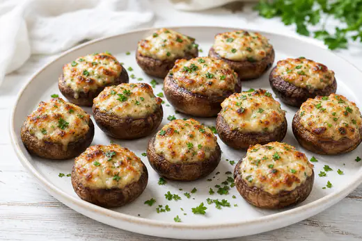 Golden cream cheese stuffed mushrooms sprinkled with parsley on a serving plate