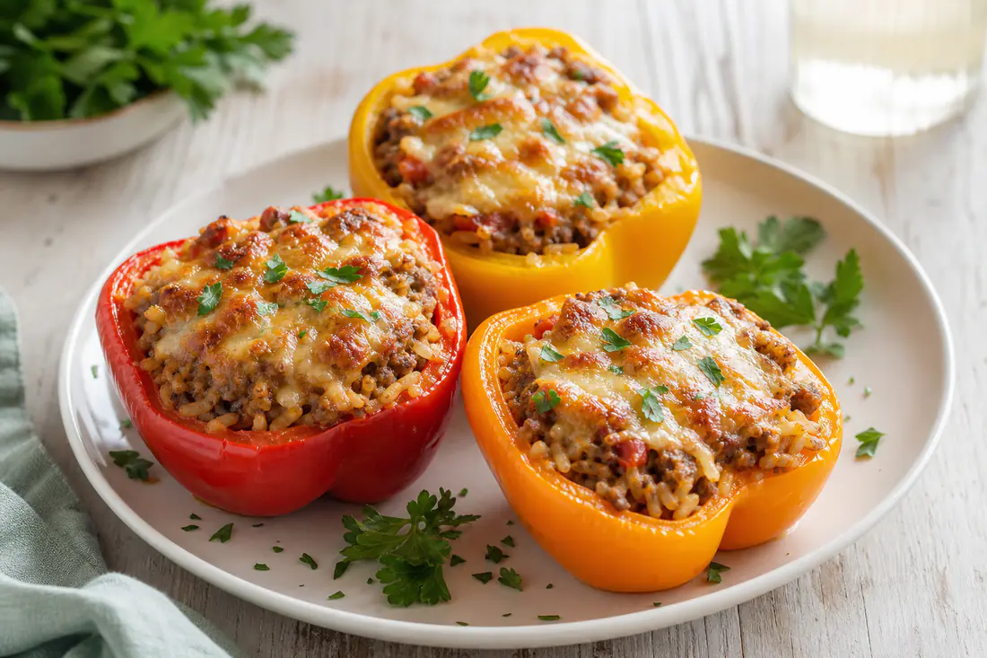 Halved red and yellow bell peppers filled with ground beef, rice and melted cheese on a plate