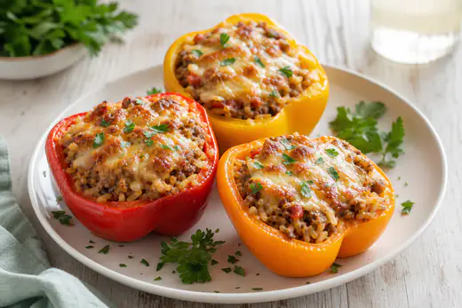 Halved red and yellow bell peppers filled with ground beef, rice and melted cheese on a plate