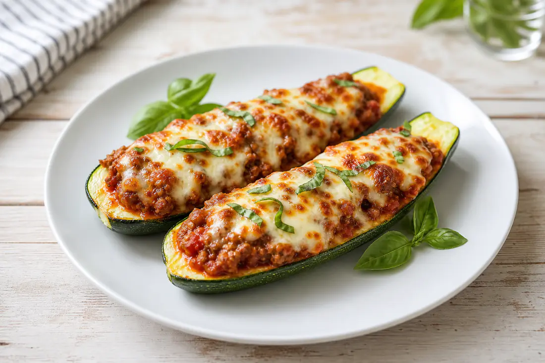Zucchini halves filled with ground beef, marinara and browned mozzarella on a plate