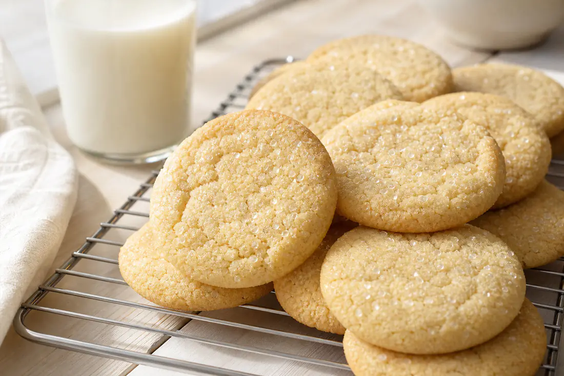 Round golden sugar cookies with sparkling sugar cooling on a wire rack