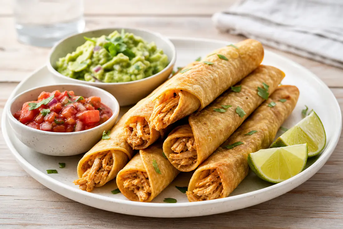 Crispy golden chicken taquitos on a plate with guacamole, salsa and lime wedges