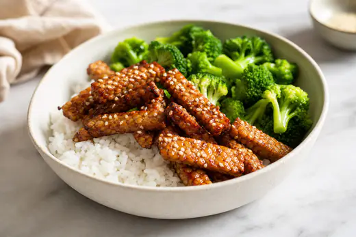 Glazed crispy tempeh strips with sesame seeds over rice with steamed greens