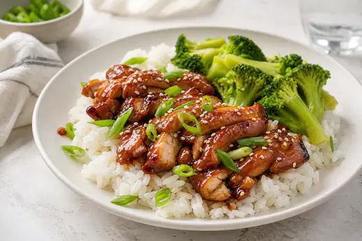 Glazed teriyaki chicken thighs sprinkled with sesame seeds and scallions over white rice with broccoli