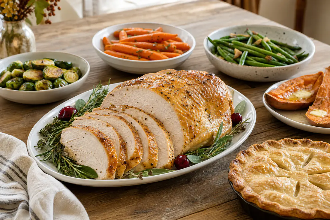 Thanksgiving table with sliced roast turkey breast, glazed carrots, brussels sprouts, green beans and sweet potatoes