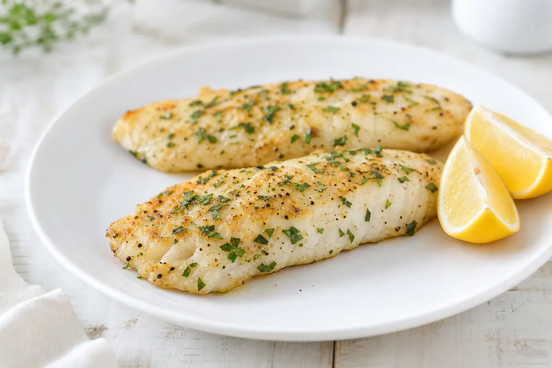 Two seasoned tilapia fillets with lemon wedges and parsley on a white plate