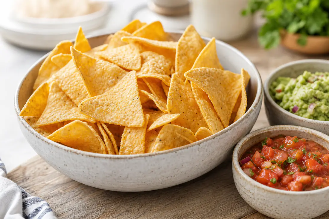 Golden triangular tortilla chips in a bowl next to salsa and guacamole