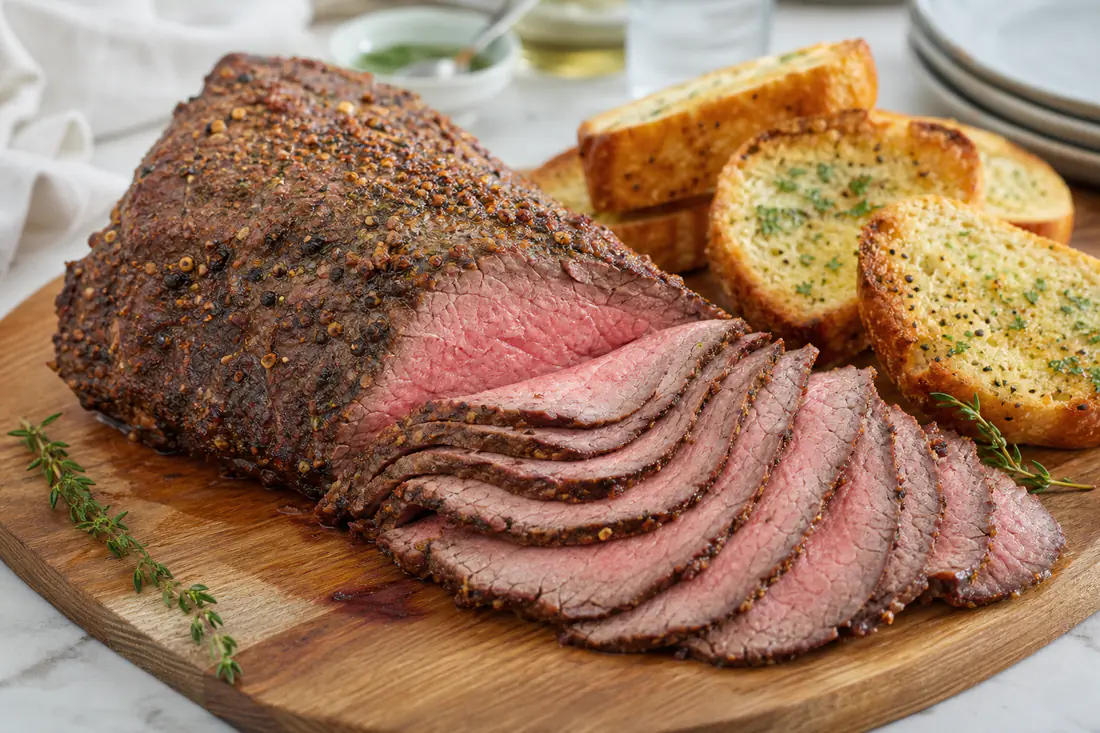 Sliced tri tip roast with a spice crust on a wooden cutting board