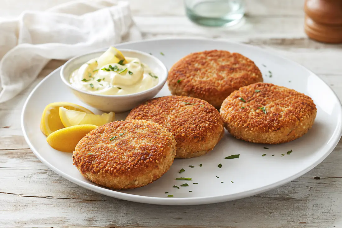 Four golden tuna patties on a plate with lemon wedges and a small bowl of creamy sauce