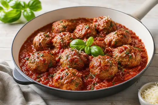 Browned turkey meatballs with parmesan and herbs in a skillet of marinara sauce with a sprig of basil