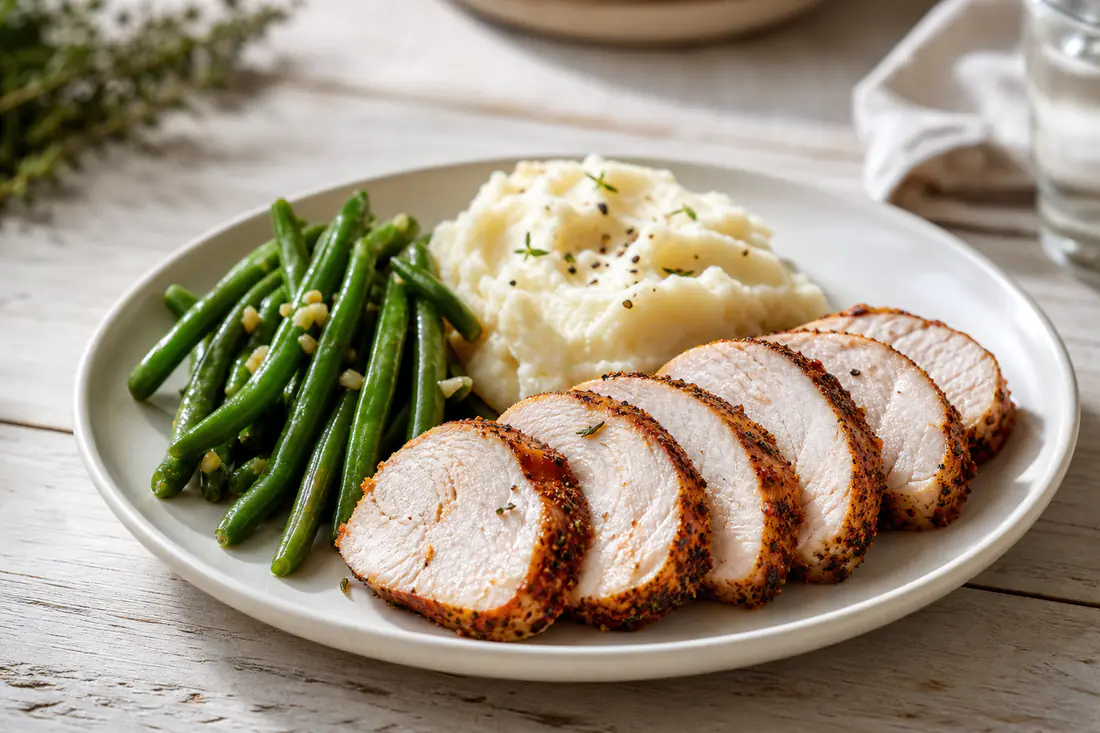 Sliced turkey tenderloin with a browned herb crust on a plate with green beans