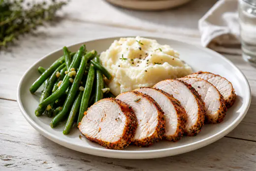 Sliced turkey tenderloin with a browned herb crust on a plate with green beans