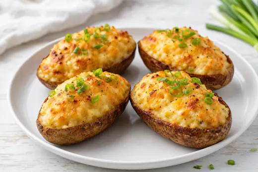 Twice baked potato halves with melted cheddar and scallions on a plate