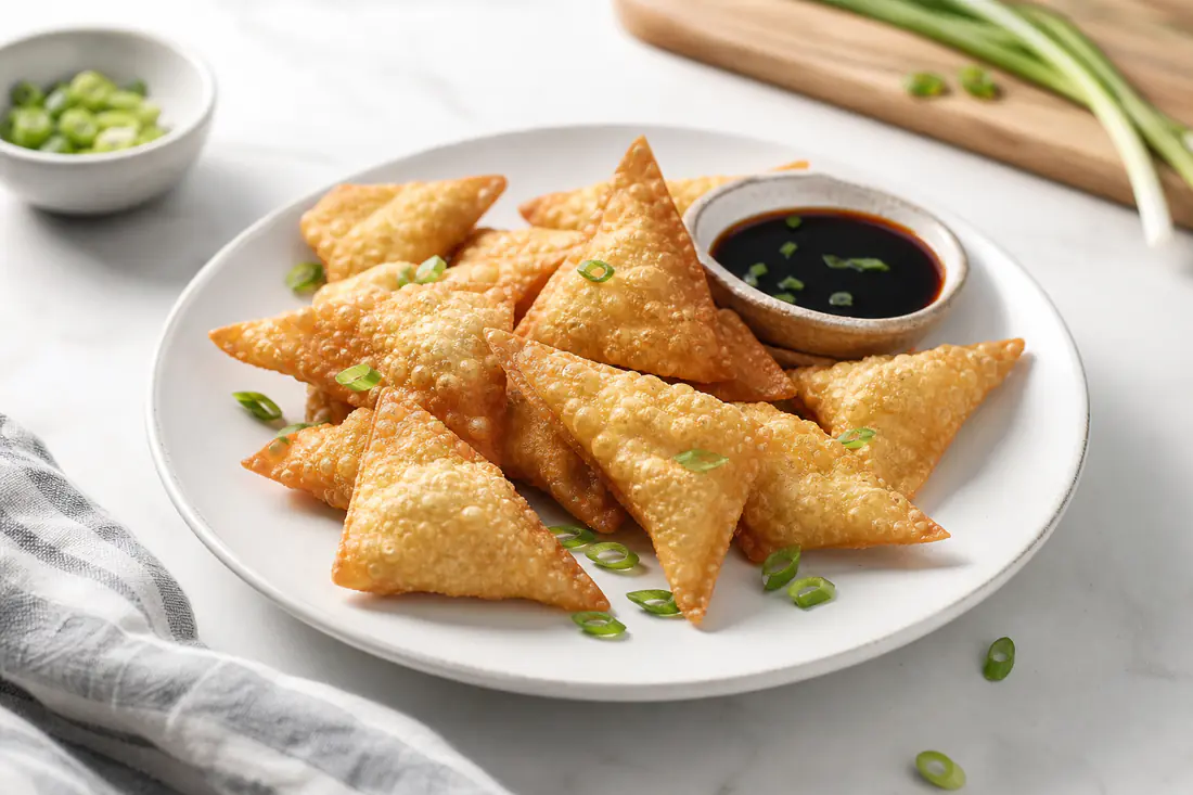 Golden crispy pork wontons on a plate with a small bowl of soy dipping sauce and sliced scallions
