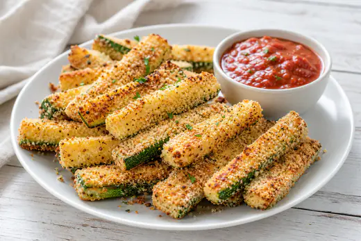 Breaded zucchini fries with a golden panko crust served with a bowl of marinara sauce