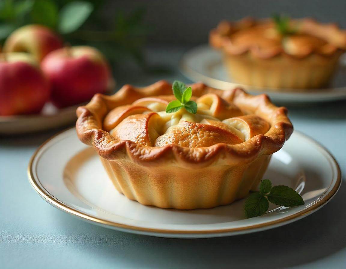 Golden-brown apple pie in air fryer, flaky crust and warm spiced filling.