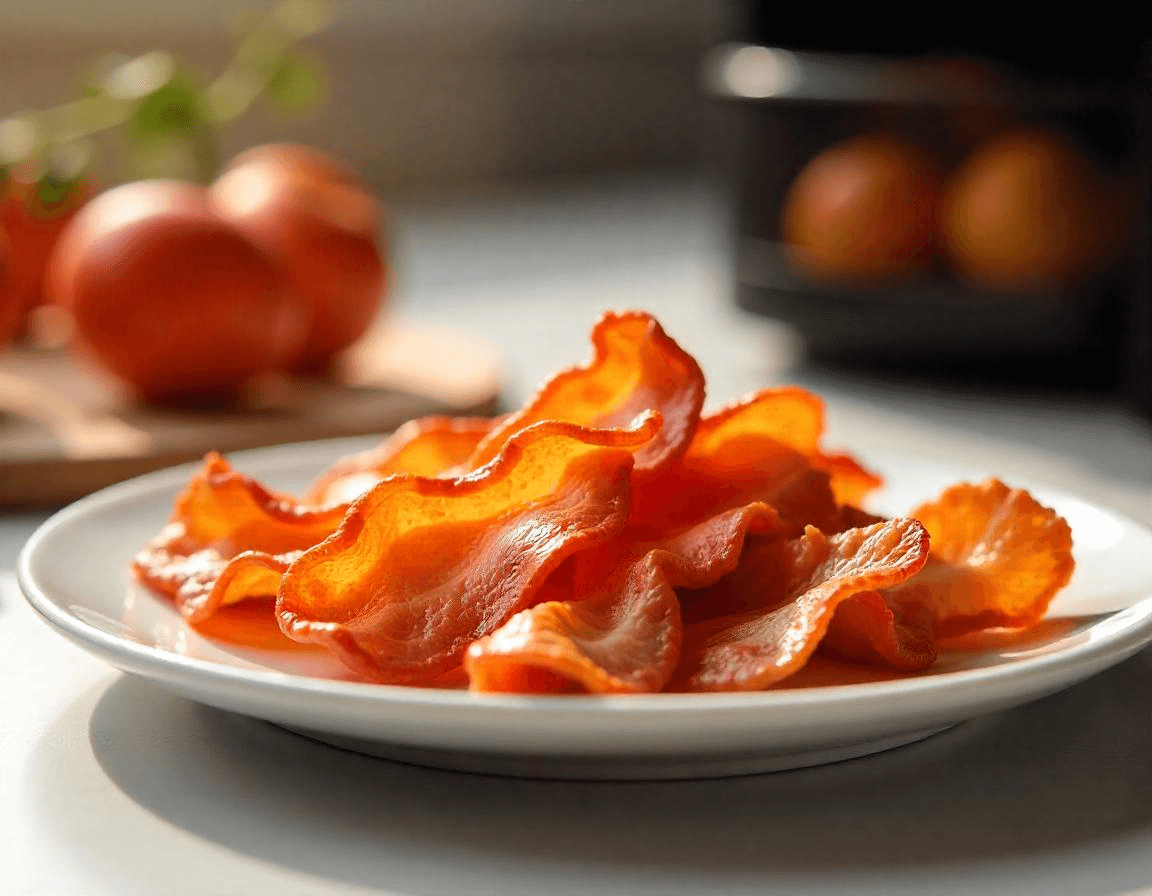Crispy bacon in air fryer, golden brown and perfectly cooked.