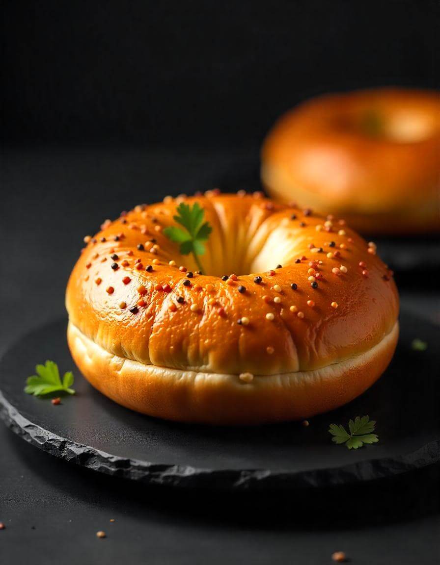 Freshly baked bagels in air fryer, golden brown and crispy.