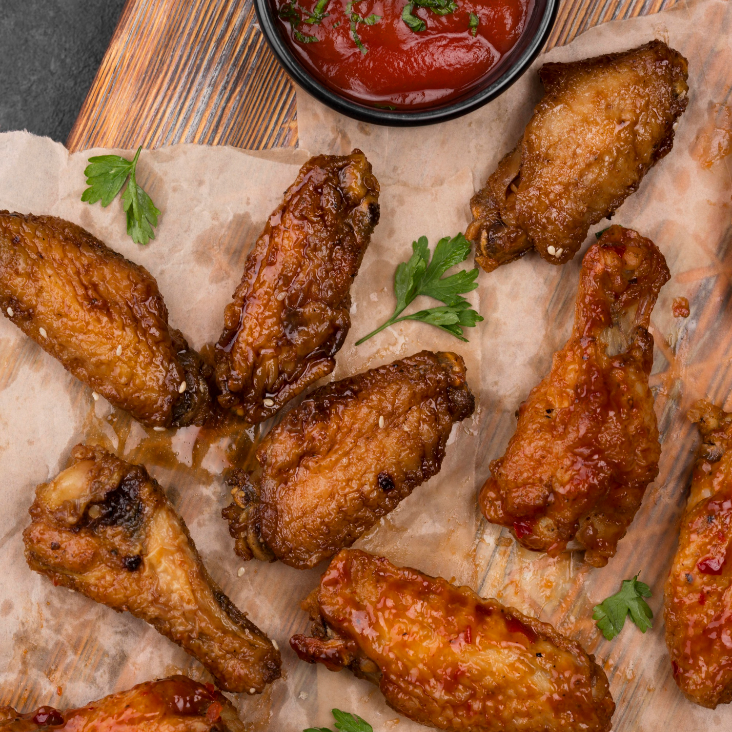 Crispy chicken wings in air fryer served on a plate with dipping sauce.