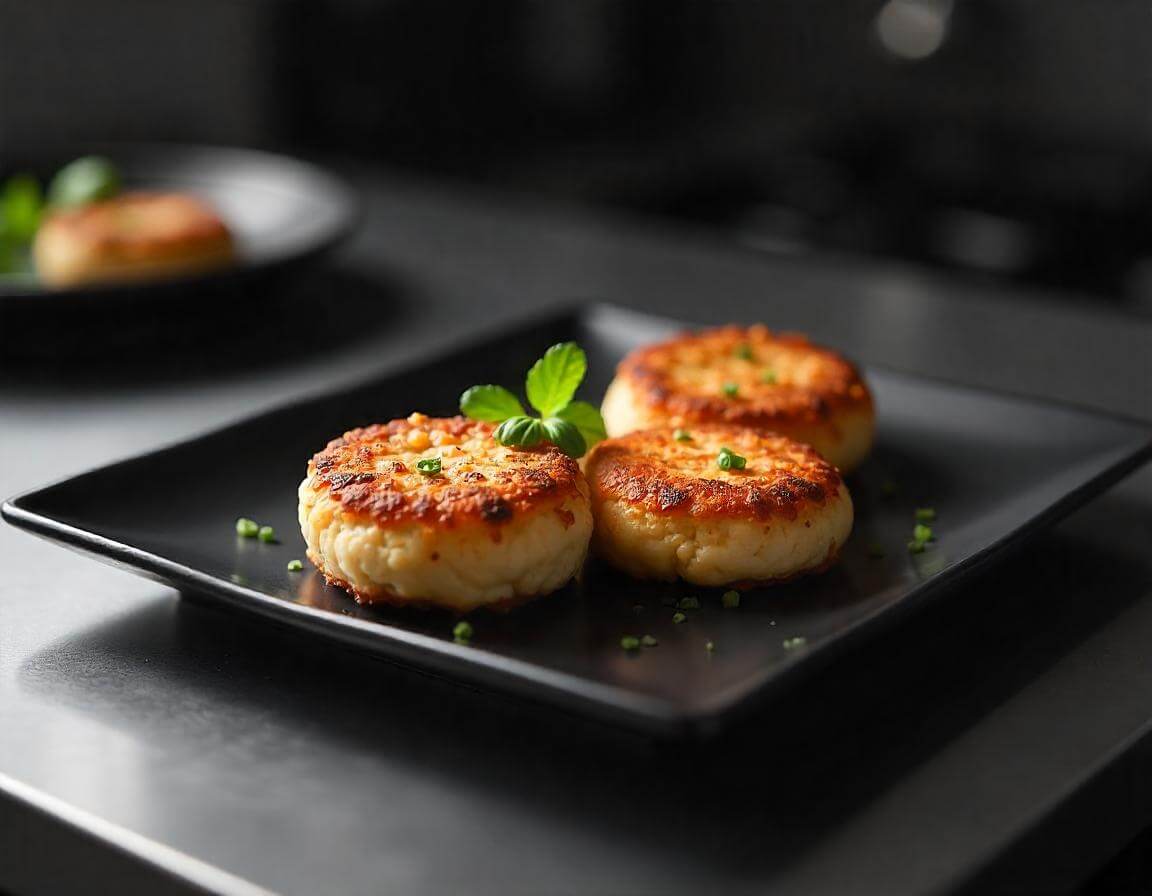A plate of crispy fish cakes in air fryer with lemon wedges and dipping sauce.
