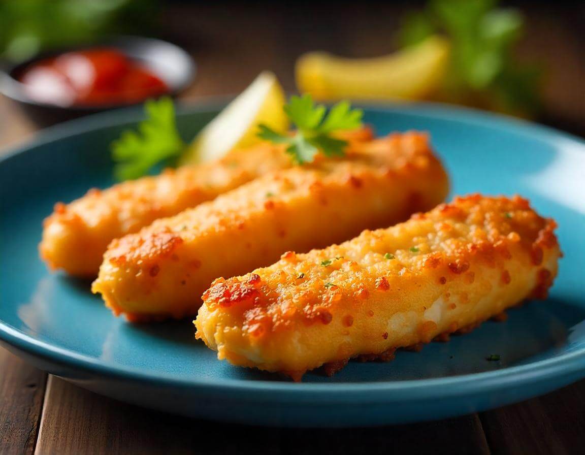 A plate of crispy fish sticks in air fryer with a side of dipping sauce.