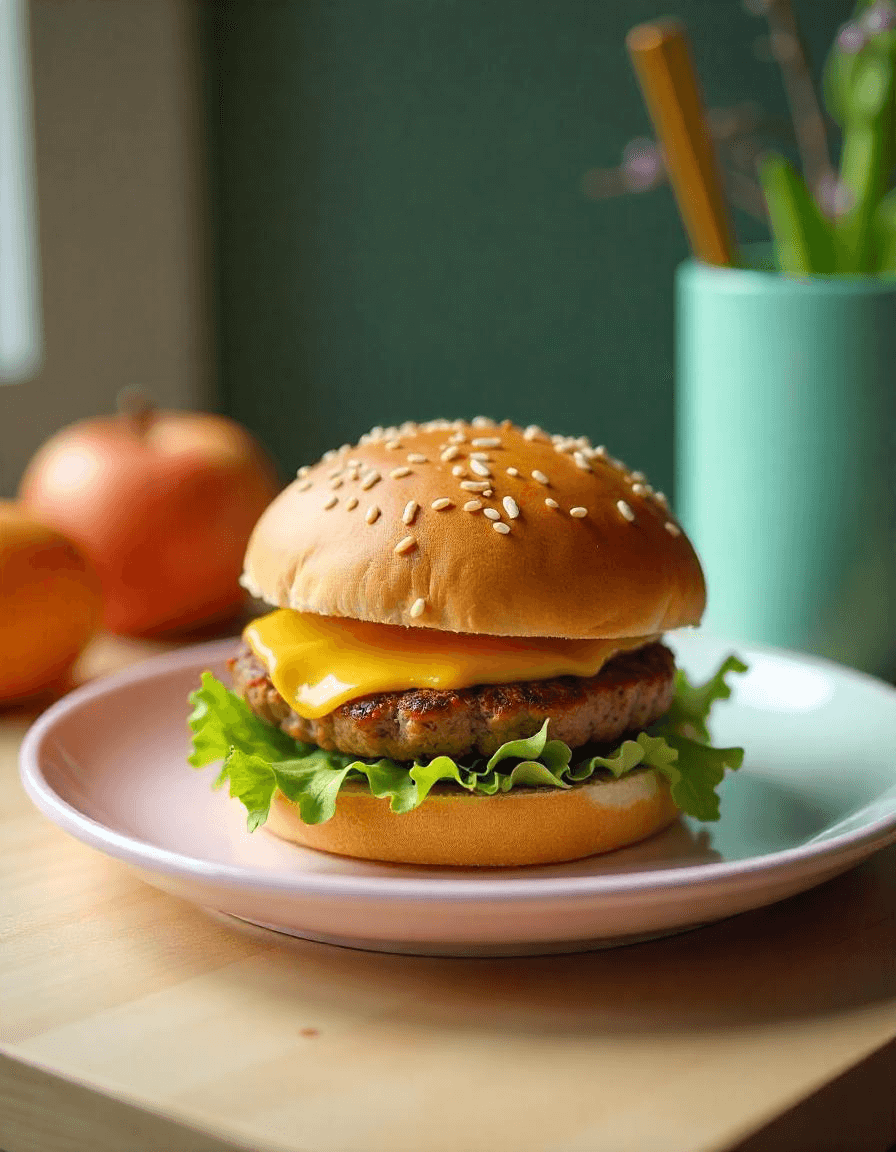 Juicy hamburger cooked in air fryer, perfectly crispy and golden.