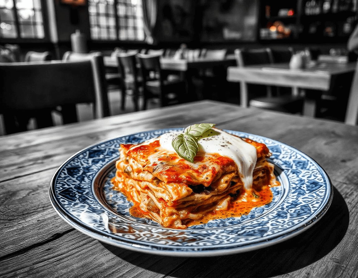 Lasagna in air fryer served in a dish with melted cheese