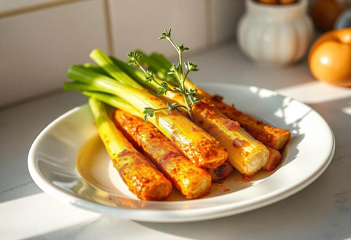 Leeks in air fryer, cooked to crispy perfection, showing the golden brown edges and tender interior.