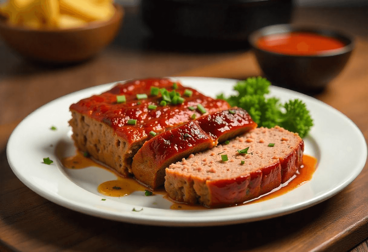 Juicy meatloaf in air fryer, golden brown and sliced.