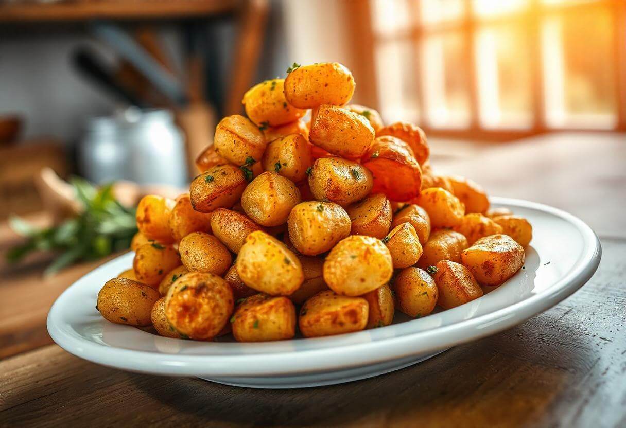Crispy mini potatoes in air fryer served with herbs and dipping sauce