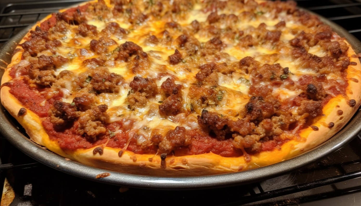 Crispy pizza in air fryer, golden brown and topped with cheese and pepperoni.