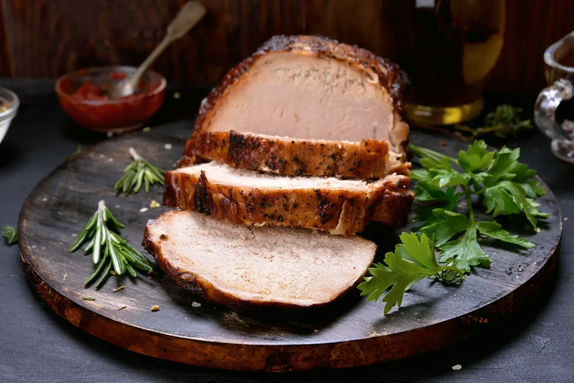 Crispy and juicy pork roast in air fryer, sliced and ready to serve.