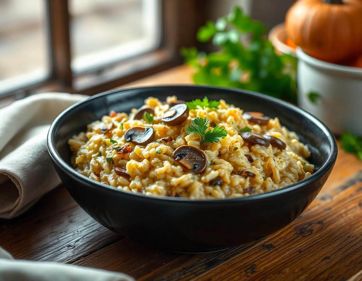 A bowl of creamy risotto in air fryer with Parmesan cheese on top.
