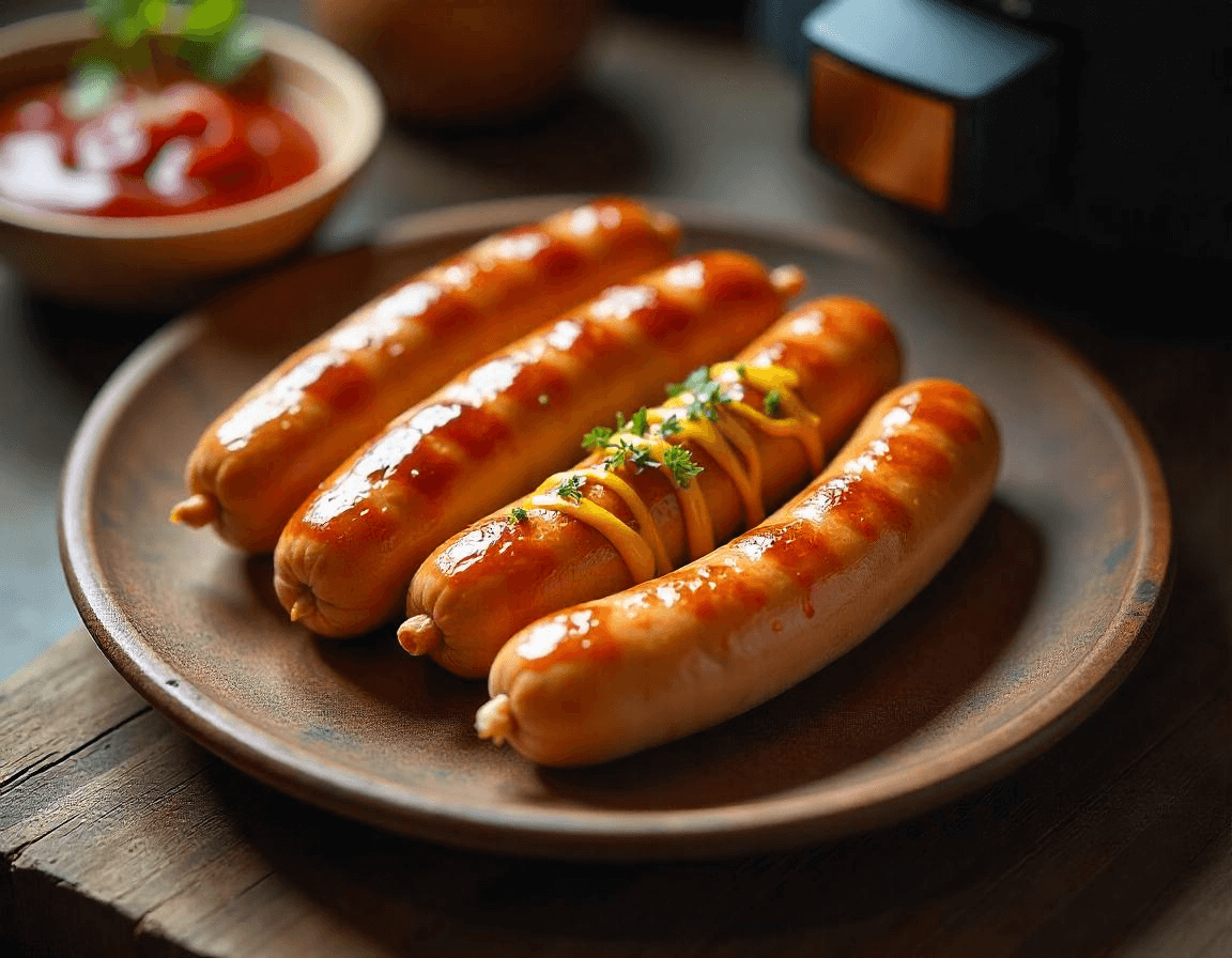 Juicy sausages in air fryer, perfectly cooked and golden brown.