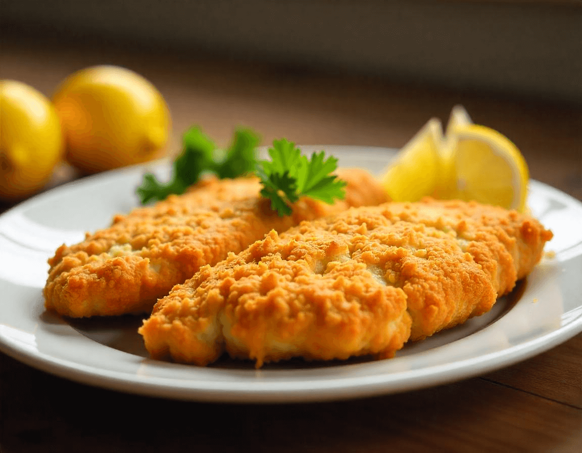 Crispy schnitzel in air fryer, golden brown and perfectly cooked.