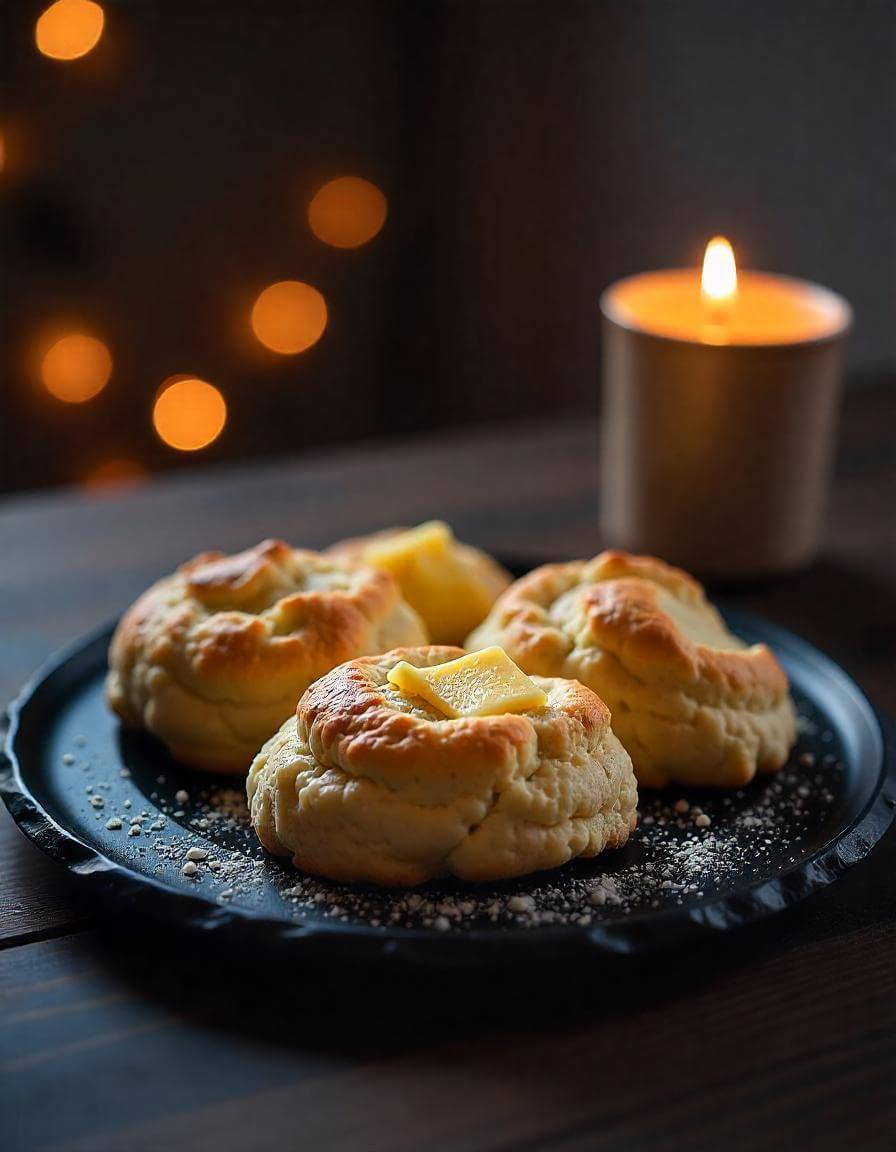 Golden-brown scones cooked in air fryer, served with jam and cream.
