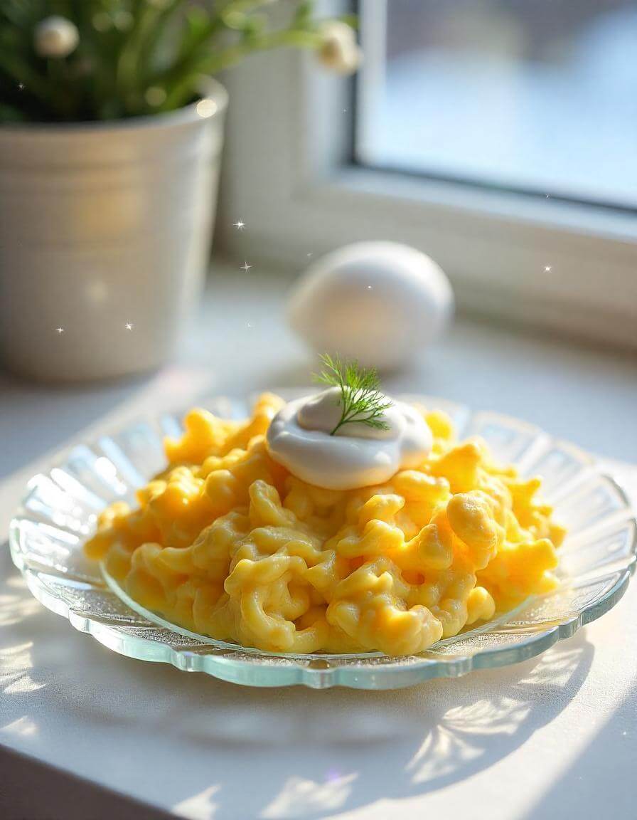 Scrambled eggs in an air fryer ready to be served.