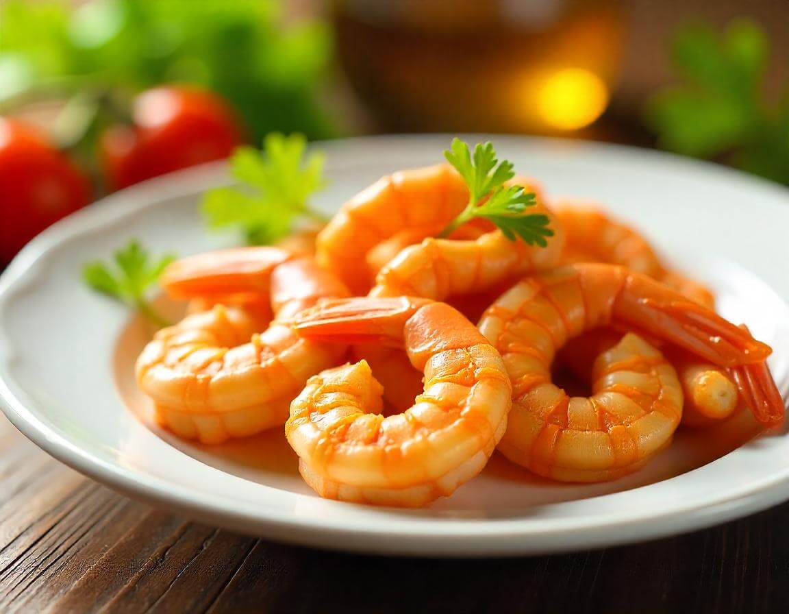 A plate of crispy shrimp in air fryer with lemon wedges on the side.