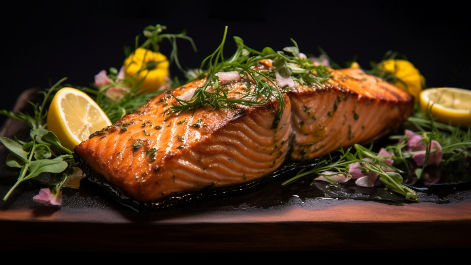 Smoked salmon in air fryer served with fresh lemon and herbs.