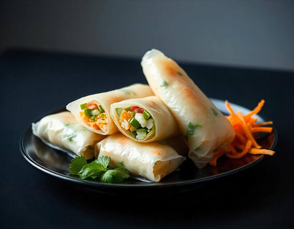 A plate of crispy spring rolls in air fryer with a side of dipping sauce.