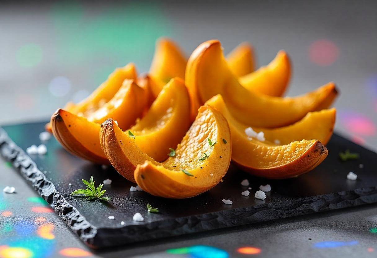Roasted squash in air fryer with golden crispy edges.