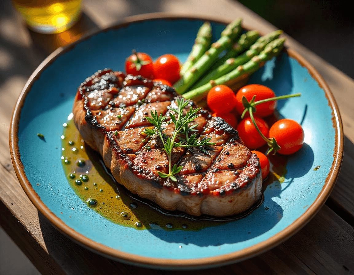 Juicy steak cooked in air fryer, golden brown and seared perfectly.