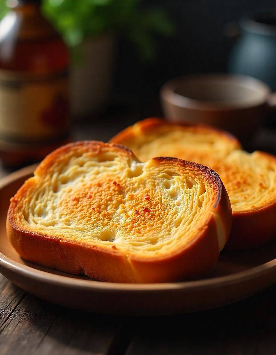 Crispy toasted bread in air fryer with golden brown edges.