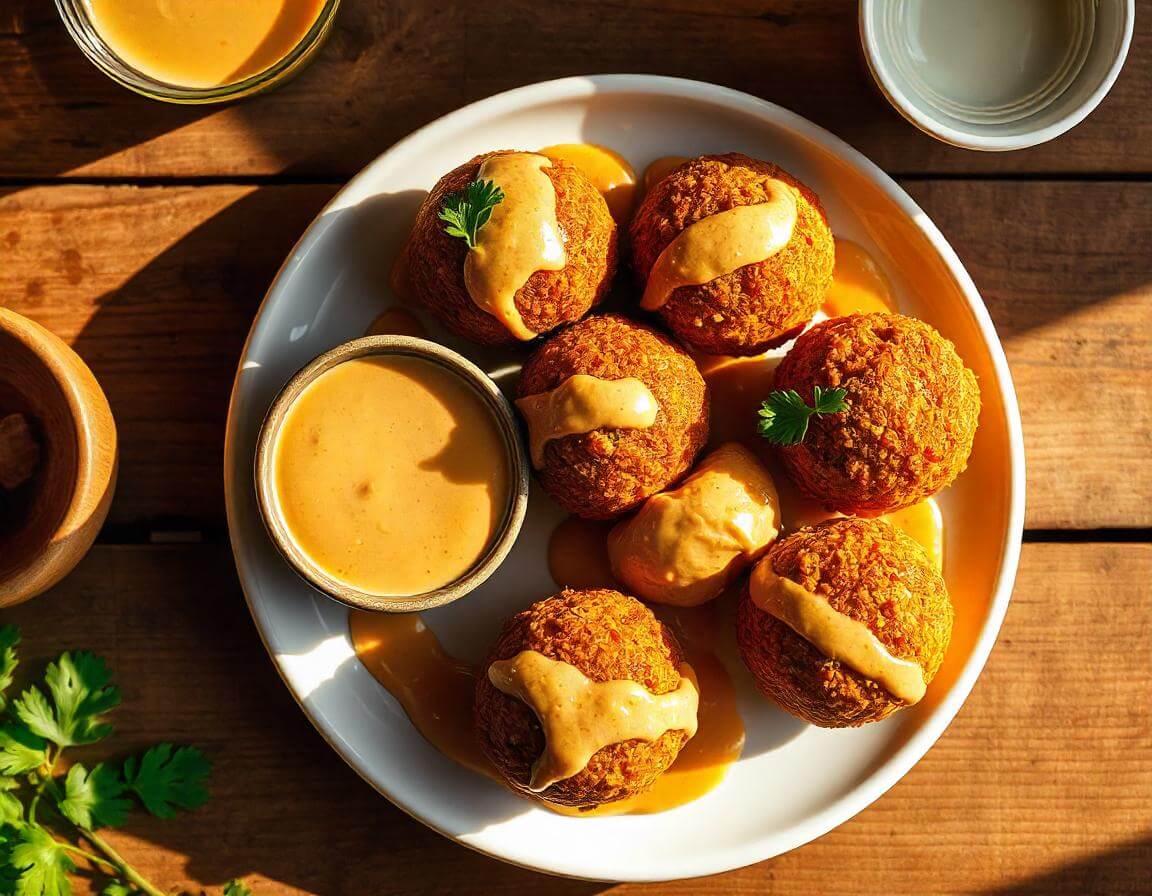 A plate of crispy falafel in air fryer with hummus and fresh salad.